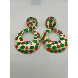 Vintage 80s Clip On Earrings Gold Tone Open Circle Polka Dot‎ Colorful Statement